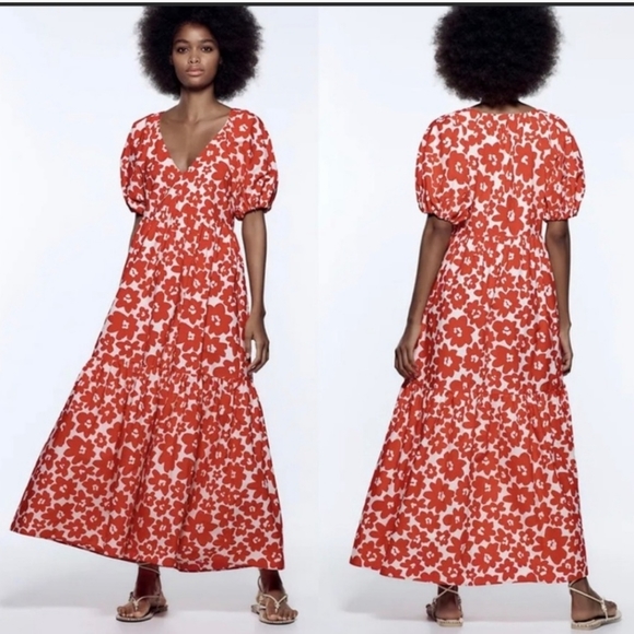 ZARA * Floral Printed Poplin Maxi Dress Red size xs - Picture 5 of 16